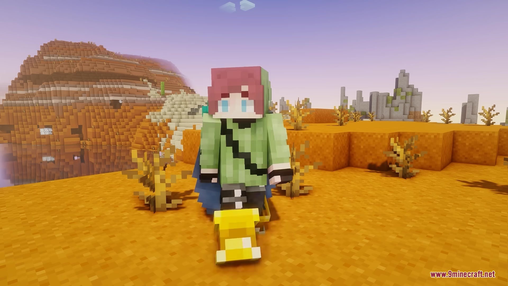 Tools on My Back TOMB Mod Screenshot 4 Minecraft character with pink hair standing next to a yellow vehicle in the desert