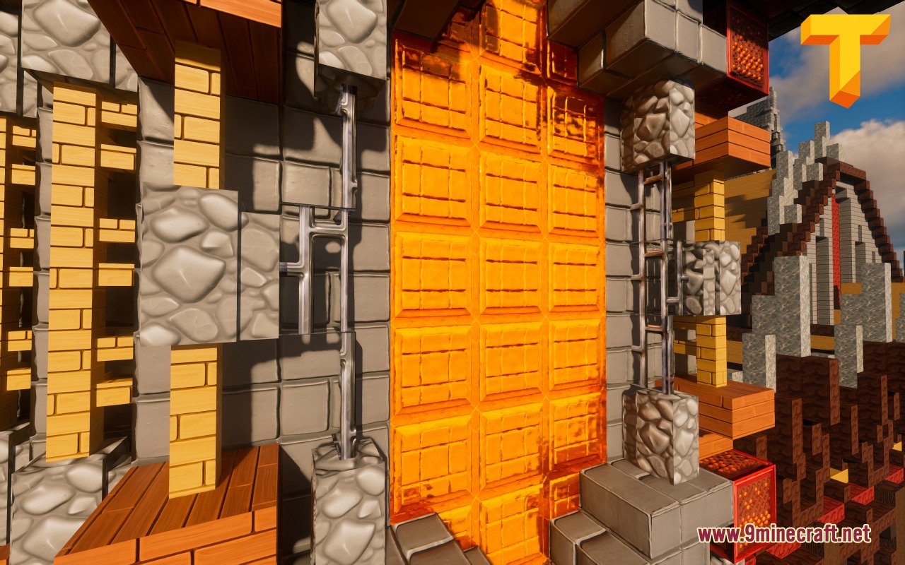 Toon Craft JE a Wonderfully Adorable Texture Pack Resource Pack Screenshot 1 Detailed cartoon textures on stone and wood blocks with a glowing orange structure