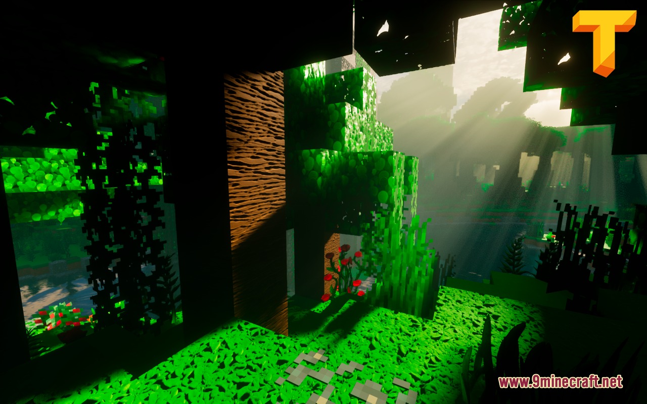 Toon Craft JE a Wonderfully Adorable Texture Pack Resource Pack Screenshot 4 Dramatic light rays shining through the canopy of a dark cartoonish forest biome