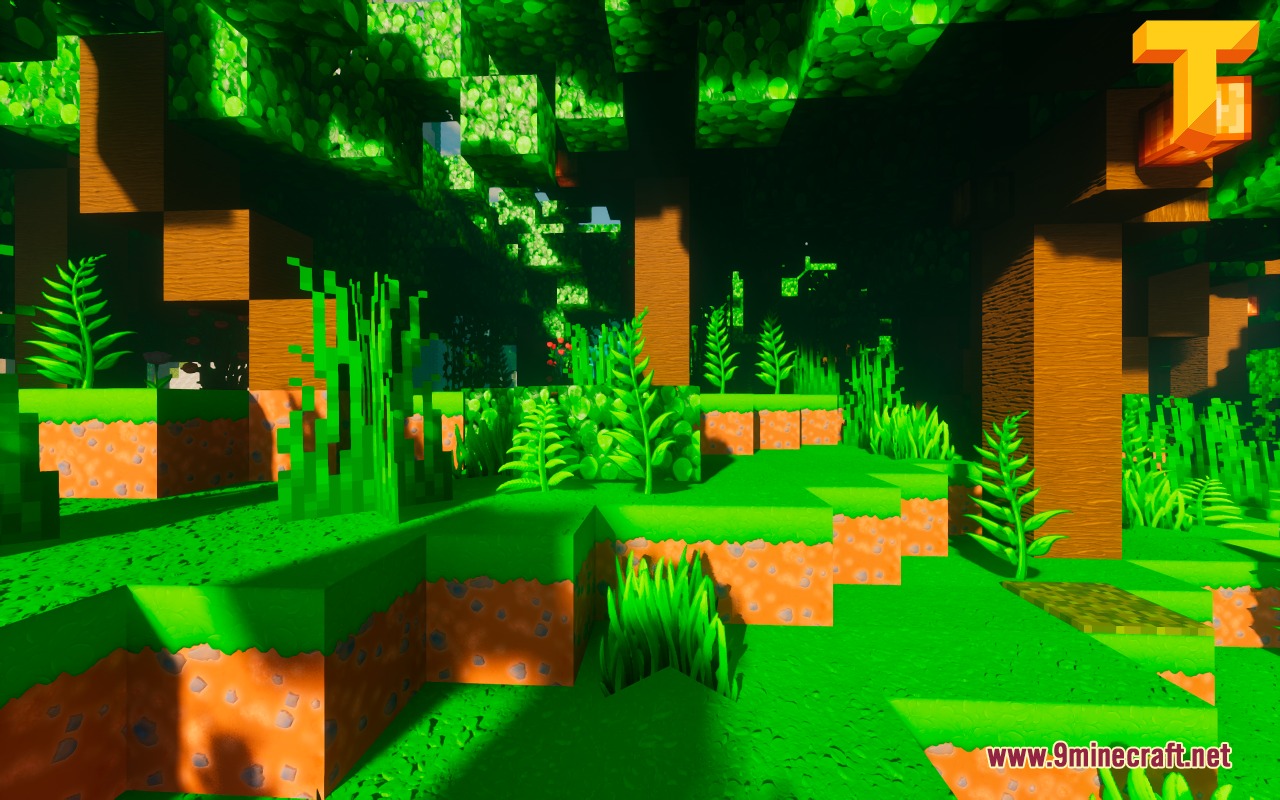 Toon Craft JE a Wonderfully Adorable Texture Pack Resource Pack Screenshot 6 A vibrant cartoon forest with bright green grass and sunlight filtering through trees