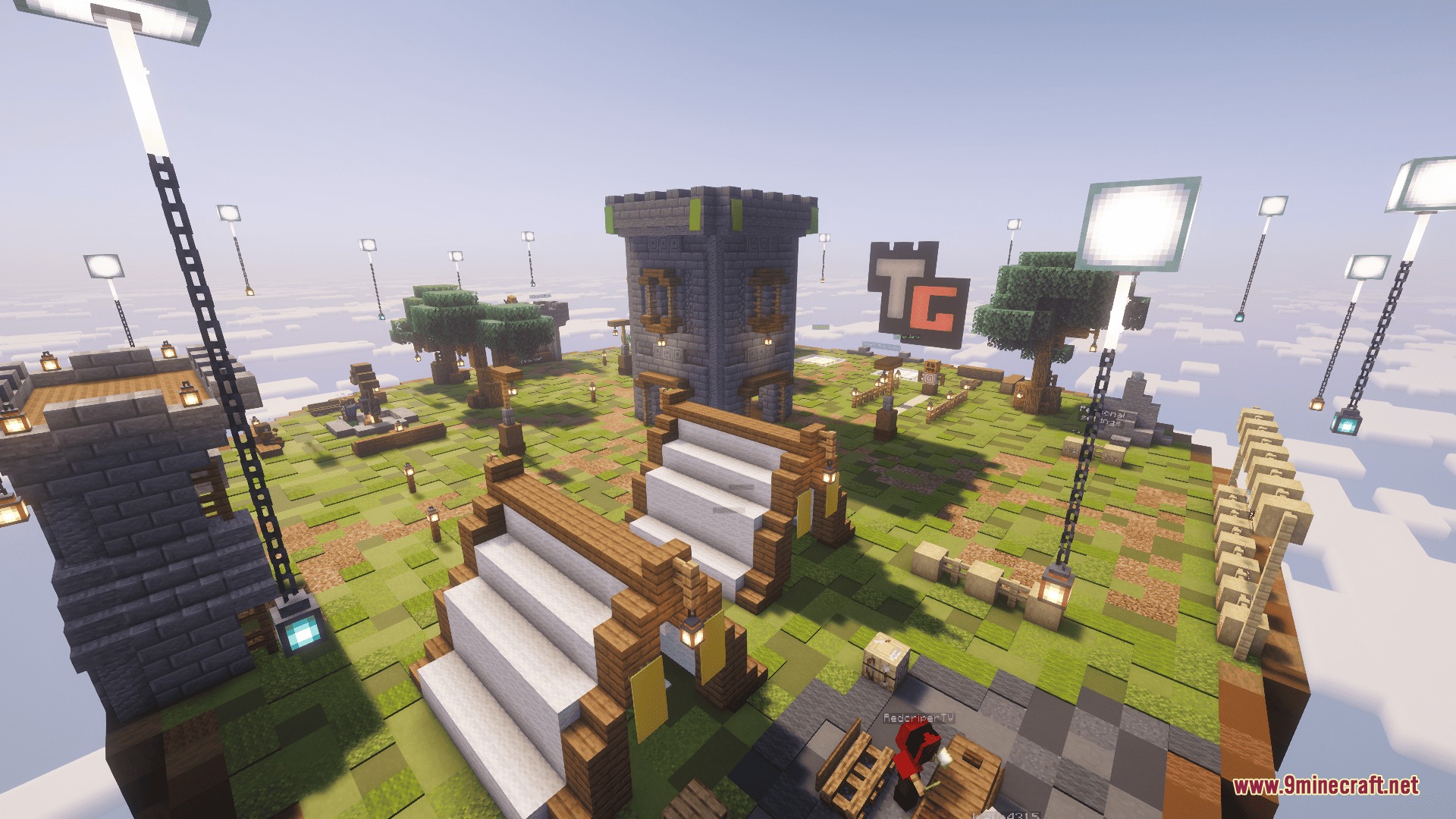Tower Game Mod Screenshot 1 A floating island lobby for the Tower Game Mod with a logo