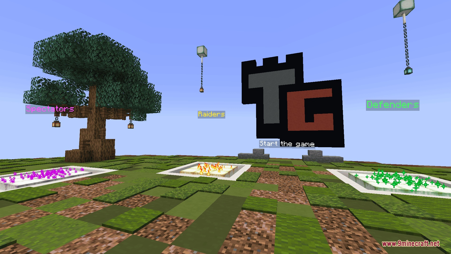 Tower Game Mod Screenshot 6 Team selection area in Minecraft with colored pads for Raiders and Defenders