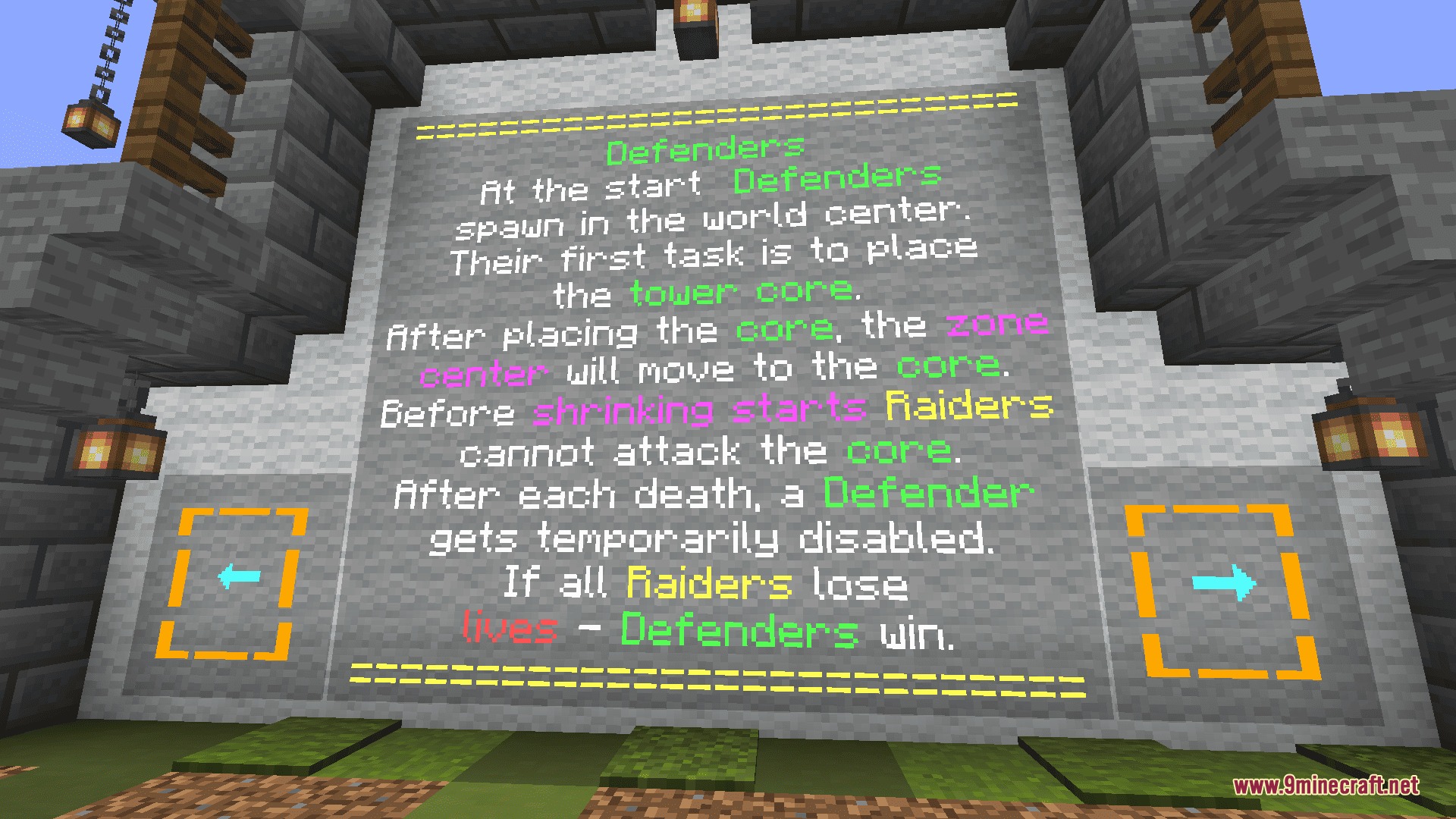 Tower Game Mod Screenshot 8 Detailed instructions for the Defender team shown on a large stone wall
