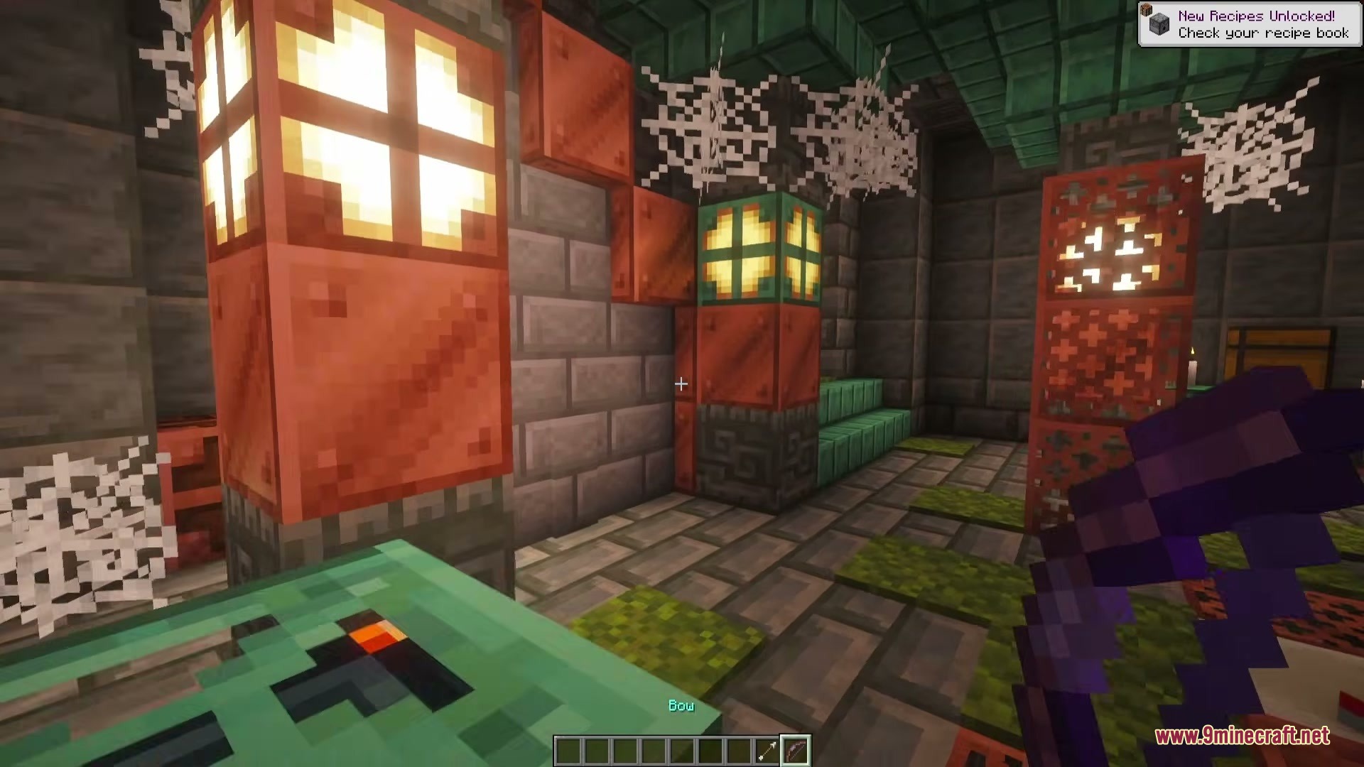 Towers of Chambers Mod Screenshot 5 A player explores a trial chamber filled with copper bulbs and cobwebs