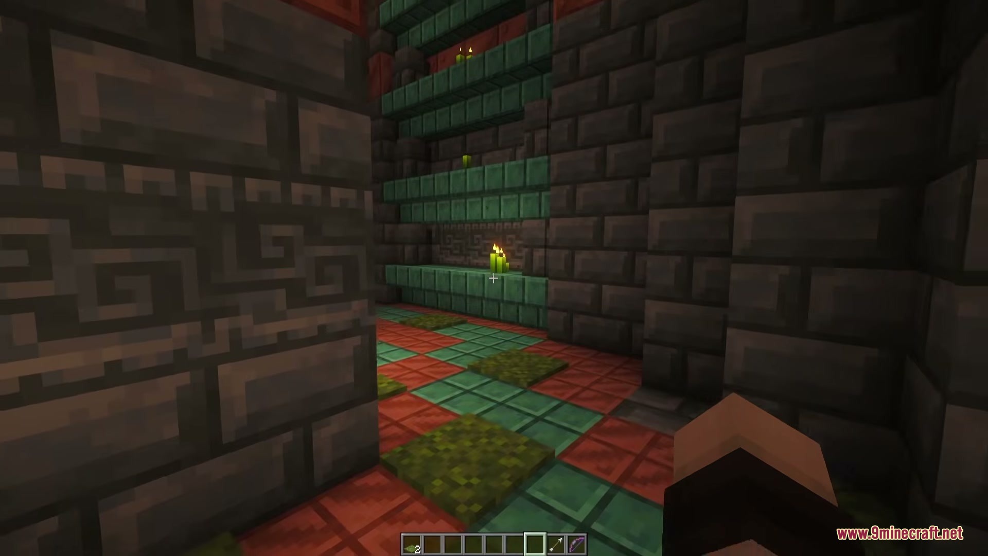 Towers of Chambers Mod Screenshot 6 Green candles light up a room with copper shelves and tuff bricks