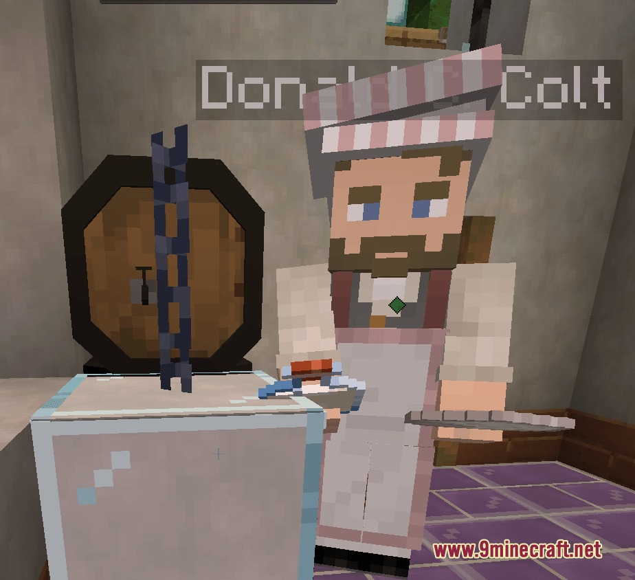 Trade Post for Mine Colonies Mod Screenshot 4 A shopkeeper NPC named Donald Colt wearing a chef hat and white apron
