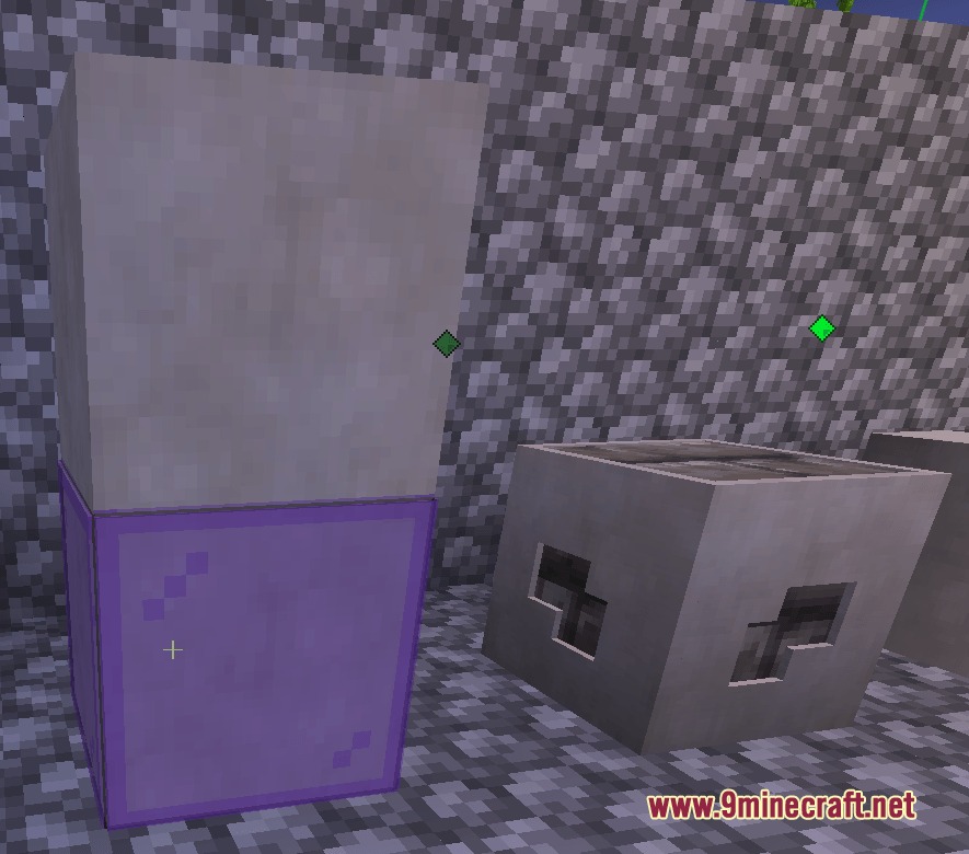 Trade Post for Mine Colonies Mod Screenshot 5 A tall white and purple block stands next to a gray machine block