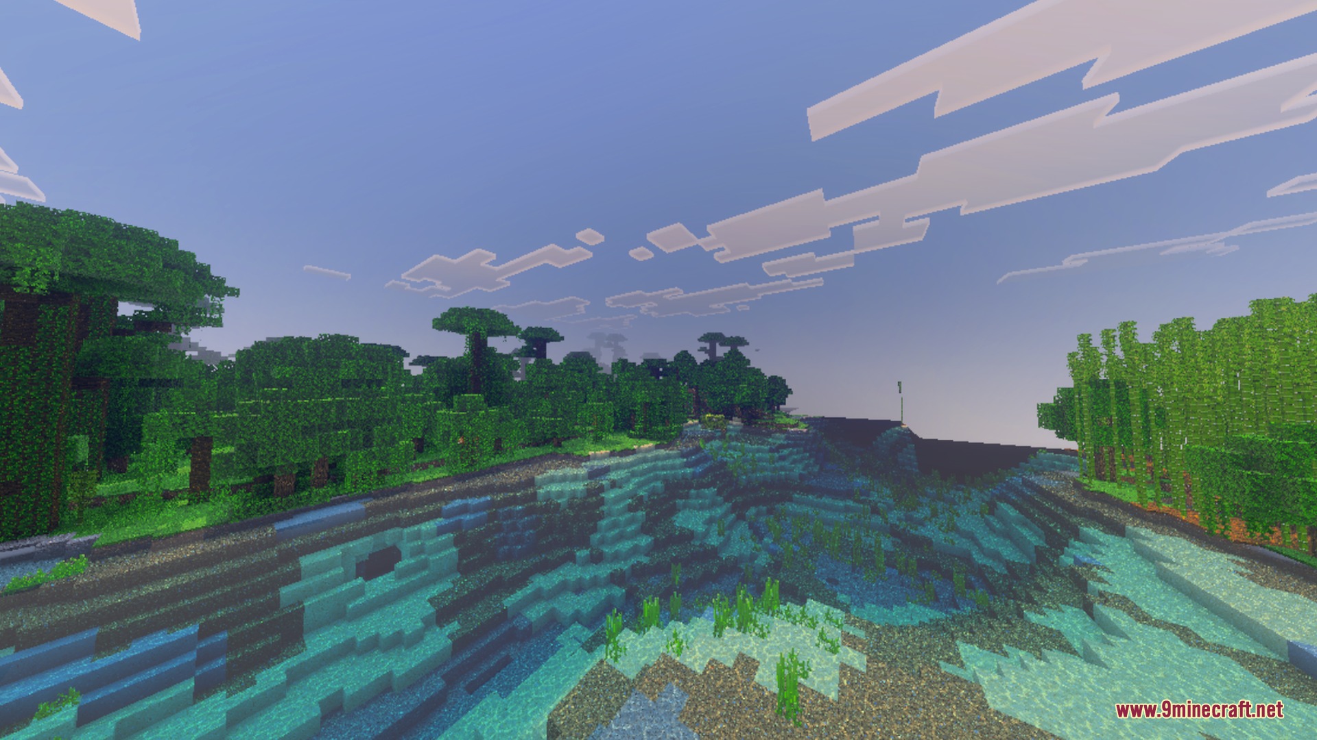 Vibrant jungle biome with bamboo and clear water under a stylized blue sky