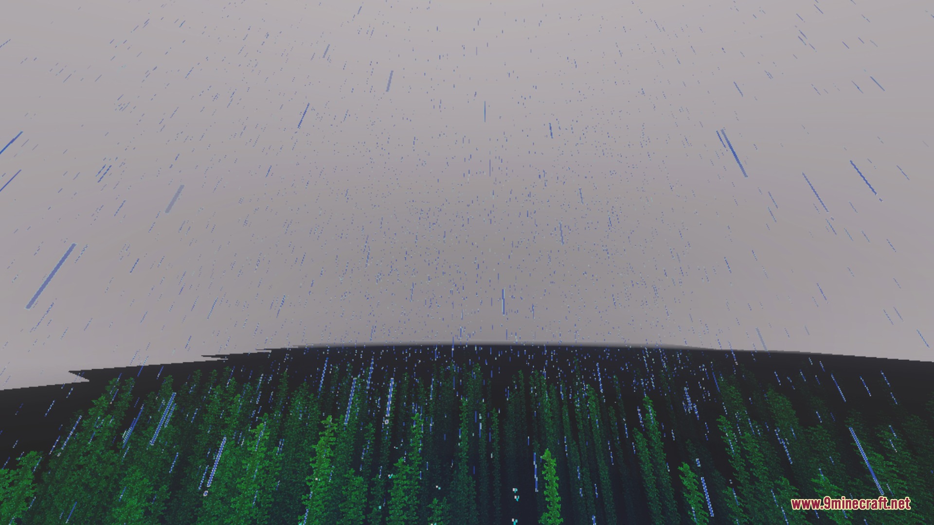 Rain falling over a dark ocean with tall green kelp plants visible