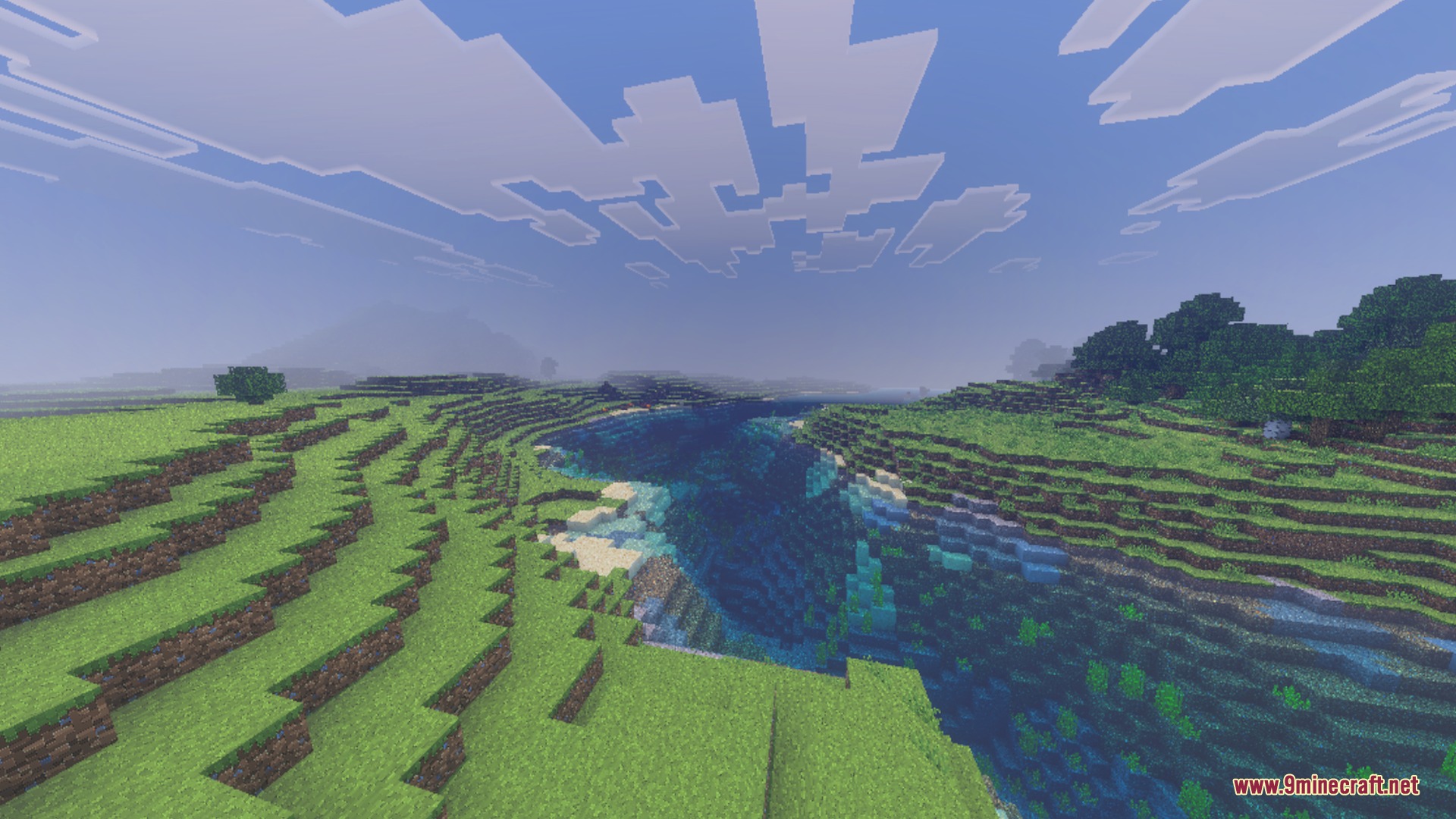 Lush green hills and a clear river under a bright sky with stylized clouds