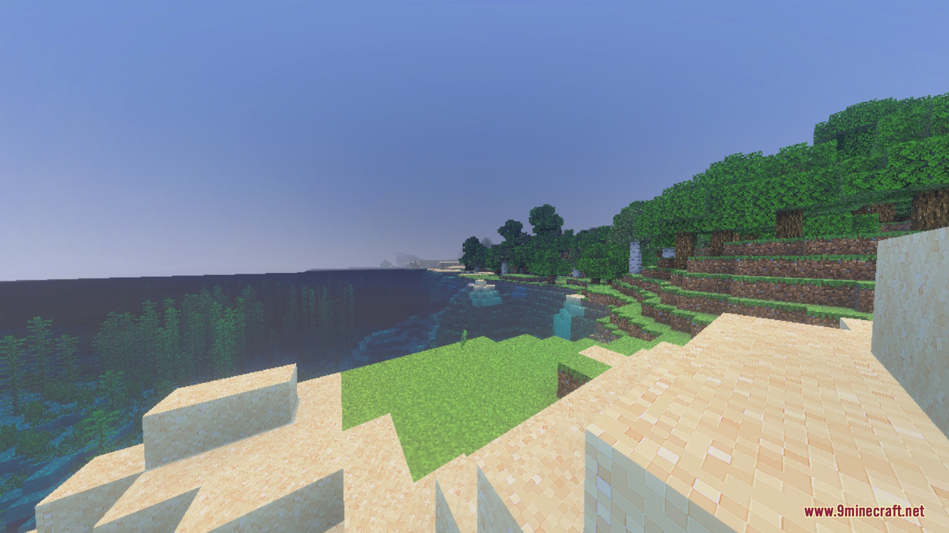 Trailer Dreams shader showcasing a bright coastline with sandy beaches and forests