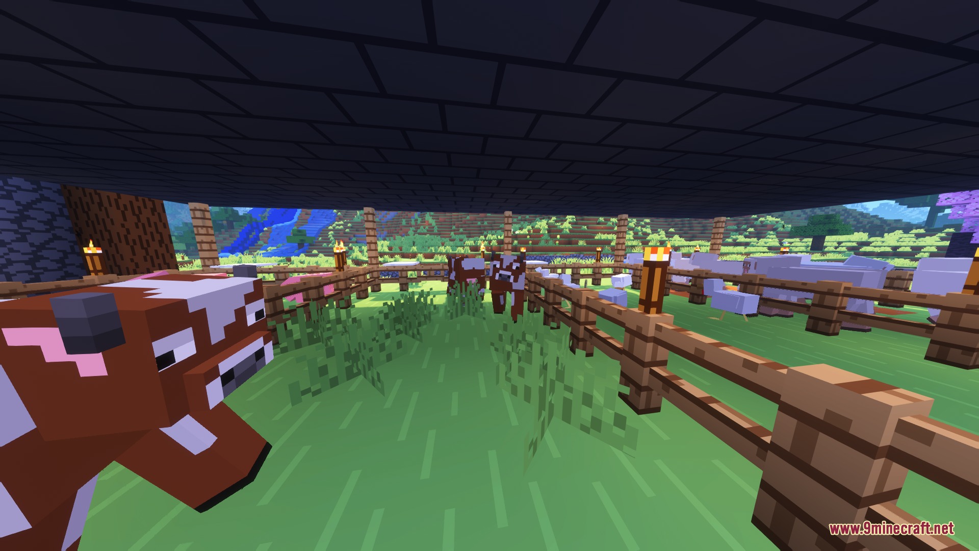 Trailers Vision X Fresh Animations Resource Pack Screenshot 2 Multiple farm animals grazing in wooden pens under a dark ceiling structure