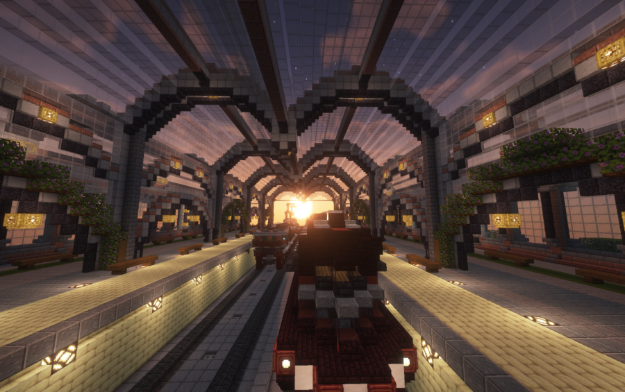 Train Station Schematic Screenshots 1 A train sitting on tracks inside a station with arched glass roof