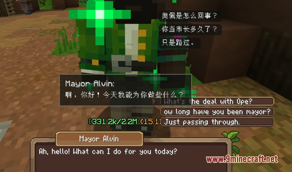 Translate Allin One Fork Mod Screenshot 3 A player interacts with an NPC showing translated dialogue in a Minecraft world