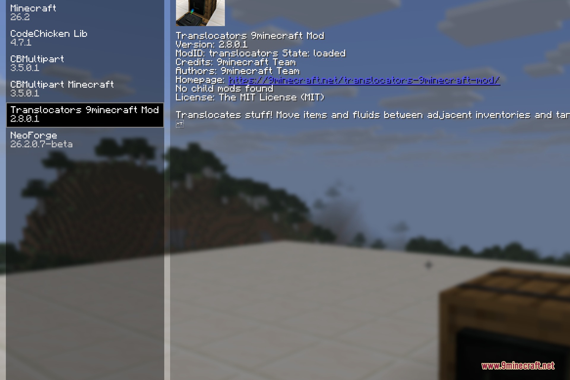 Translocators 9minecraft Mod Screenshot 1 Minecraft mod menu screen displaying Translocators mod information and version details