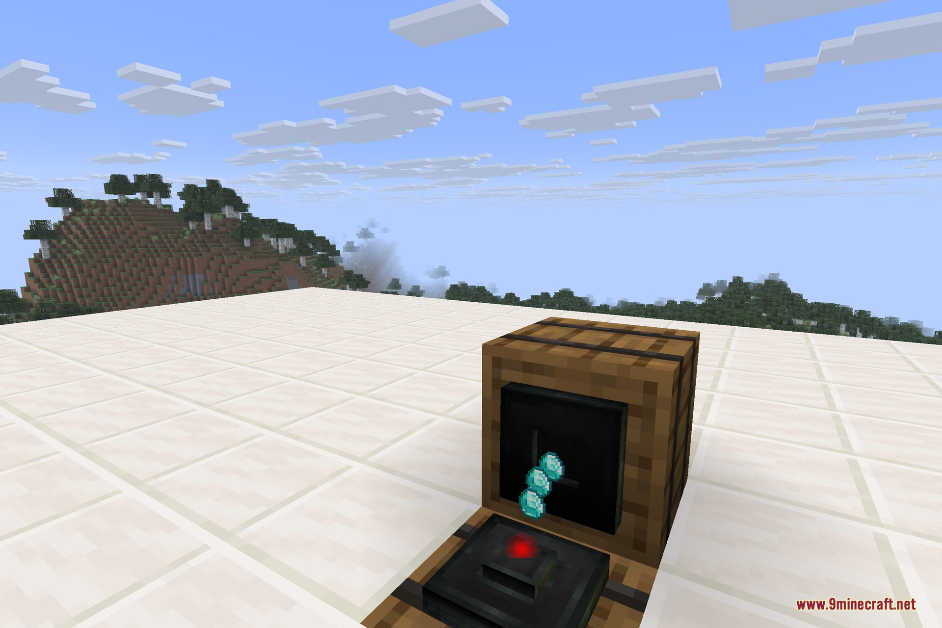 Translocators 9minecraft Mod Screenshot 3 Diamonds being moved from a wooden barrel using a compact Item Translocator device