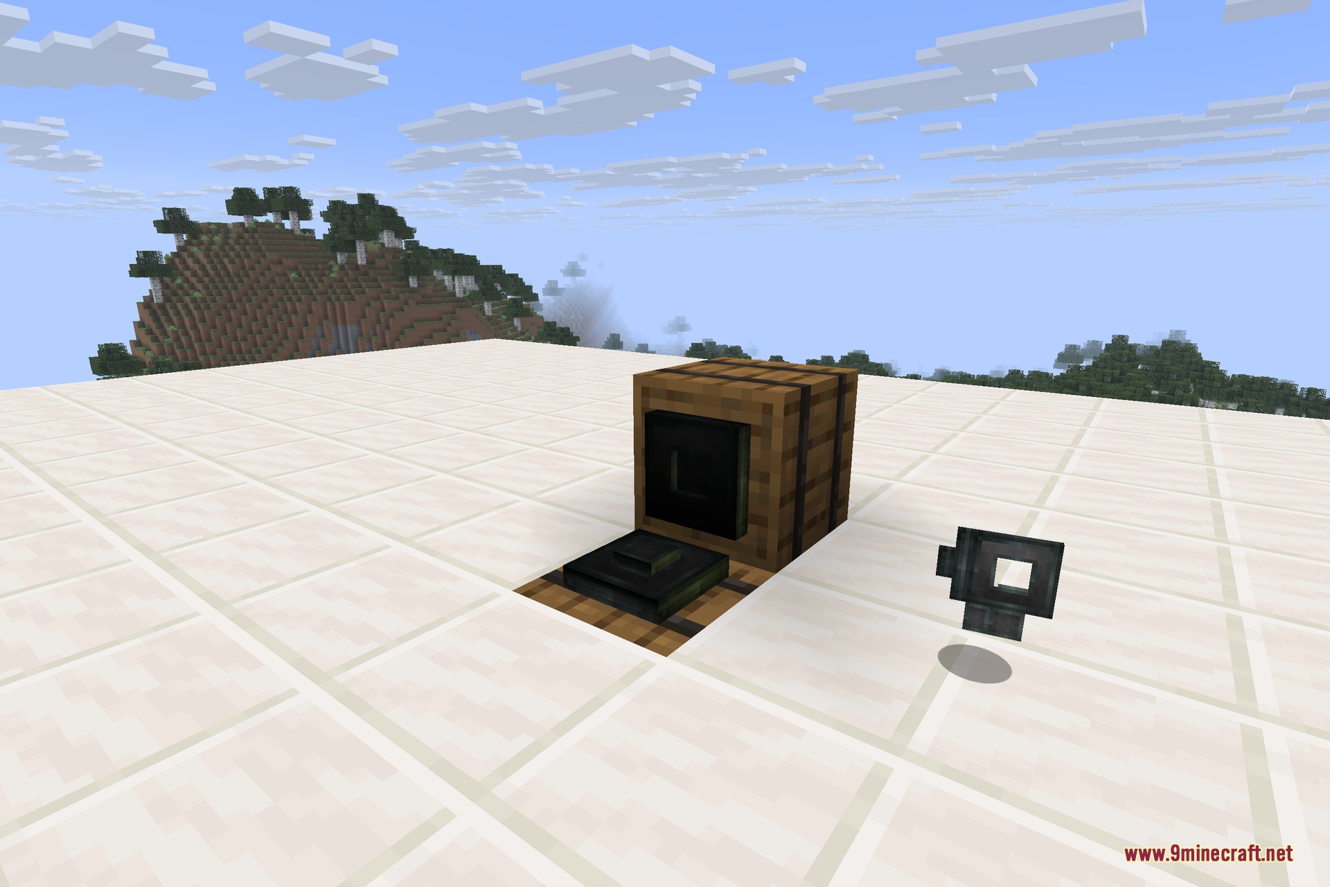 Translocators 9minecraft Mod Screenshot 4 A wooden barrel with a small item transfer device and a floating item