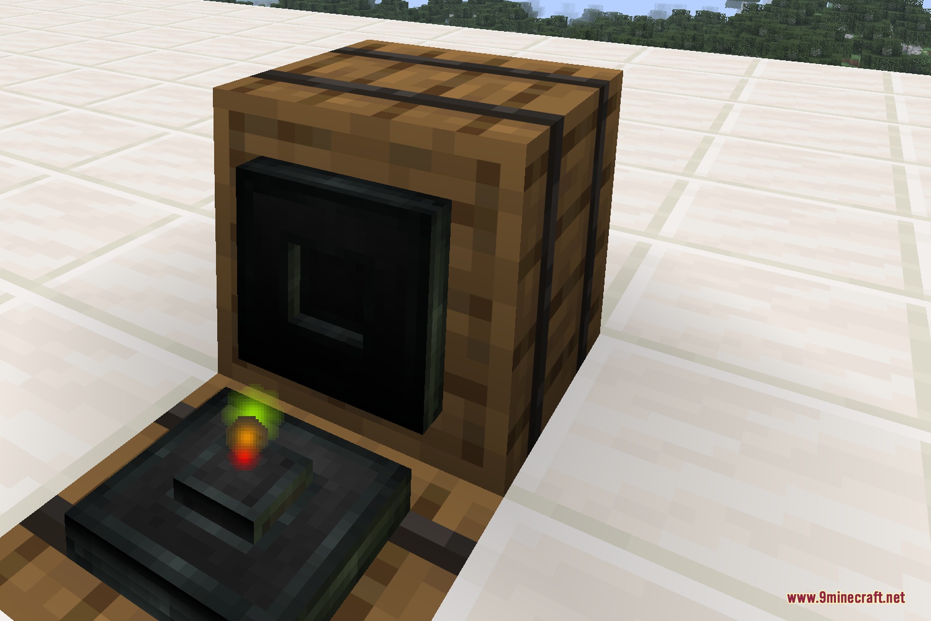 Translocators 9minecraft Mod Screenshot 5 A black translocator device attached to a wooden barrel with glowing particles