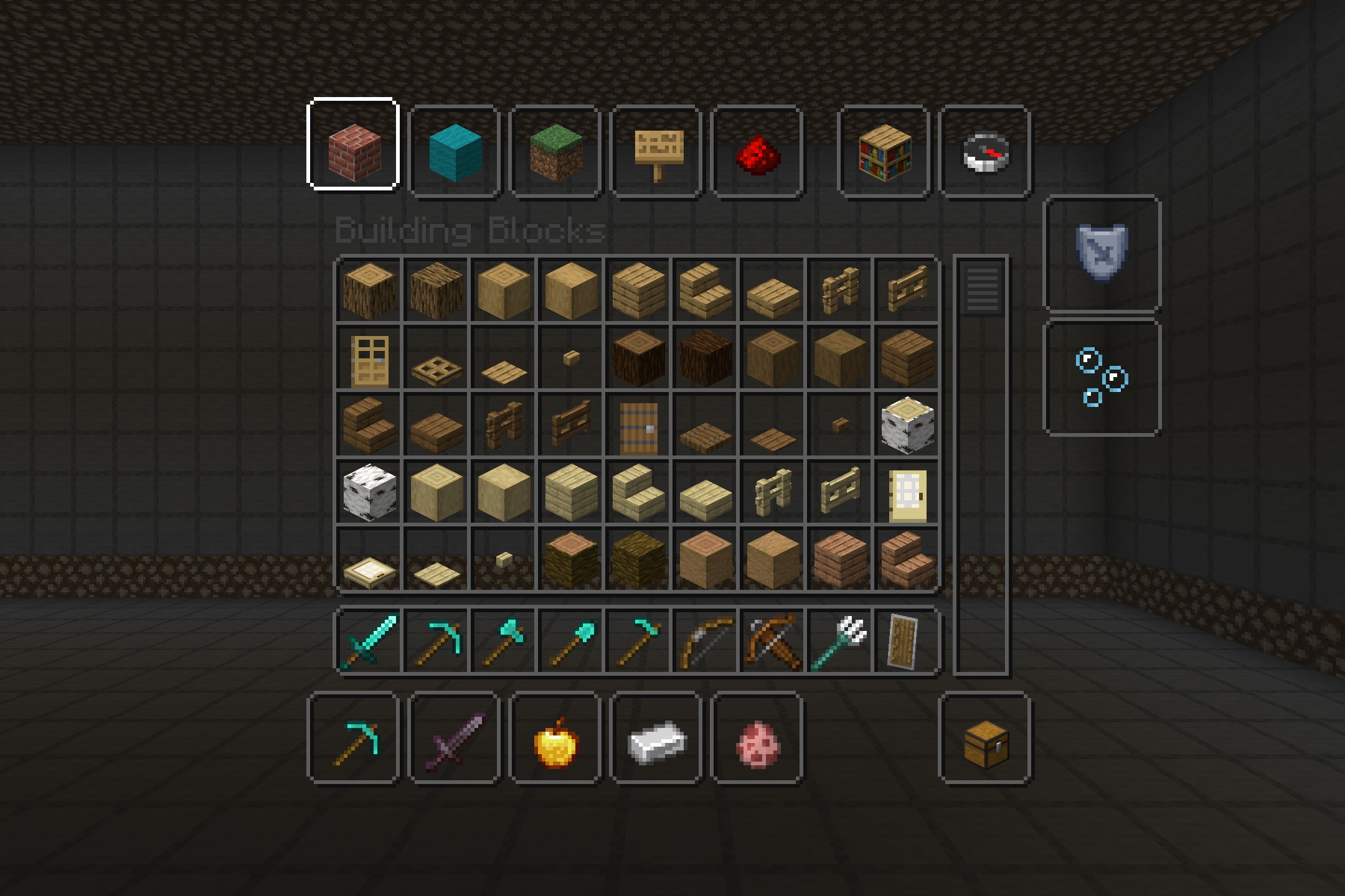Creative inventory screen with a transparent background showing the surrounding environment