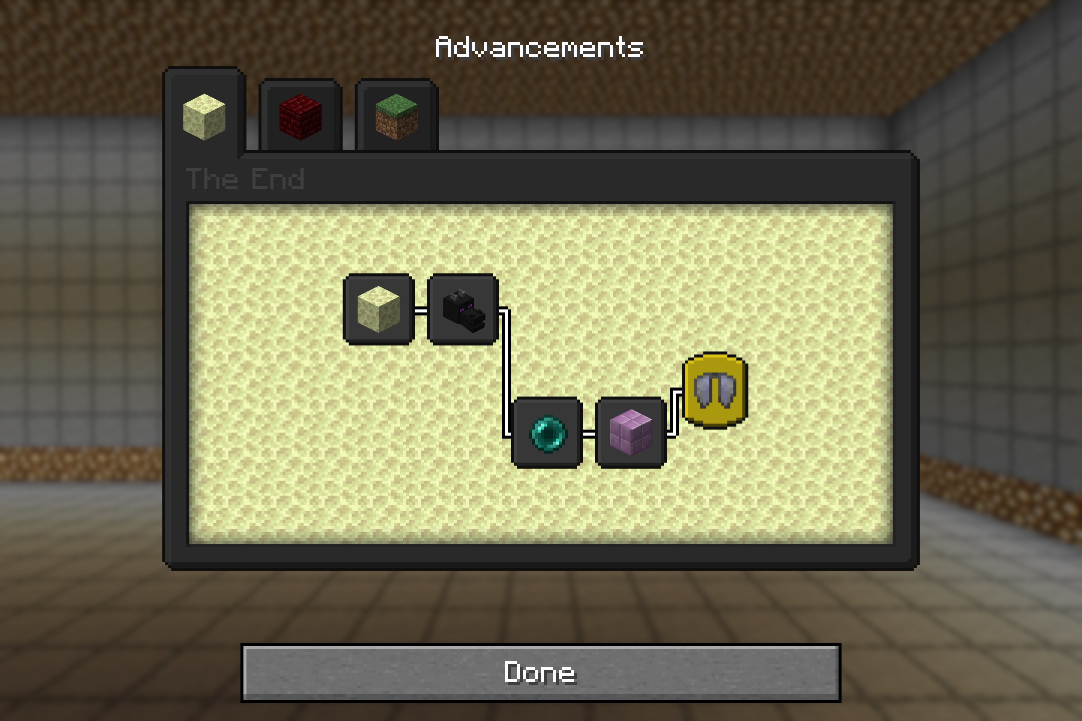 The End advancements menu featuring a transparent background and clear icons