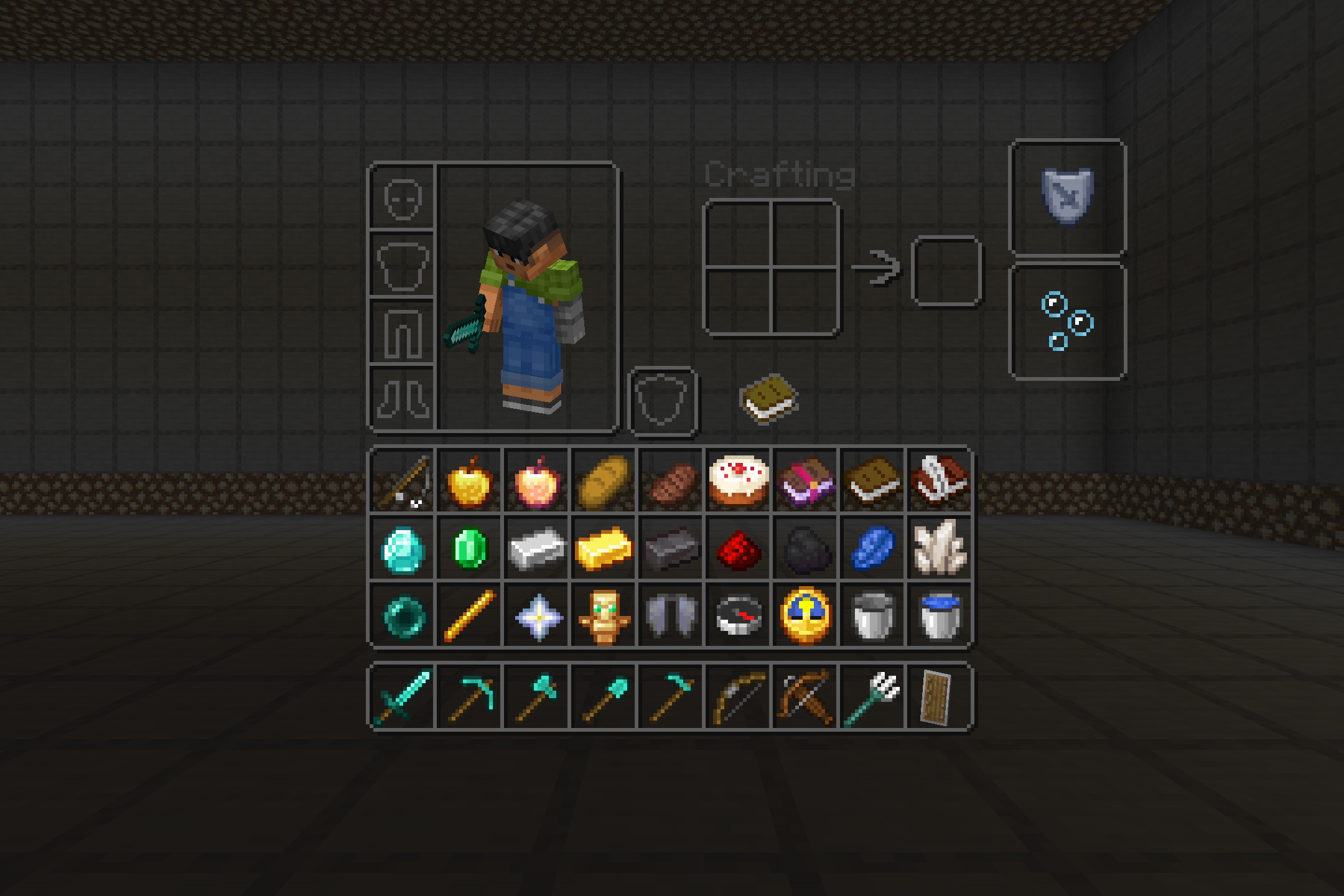 Transparent inventory interface showing various items and tools in the Minecraft world