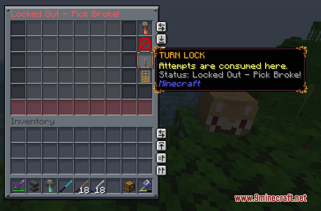 Trial Bolt Secure Mod Screenshot 1 A custom Minecraft interface showing a failed lockpicking attempt in a minigame