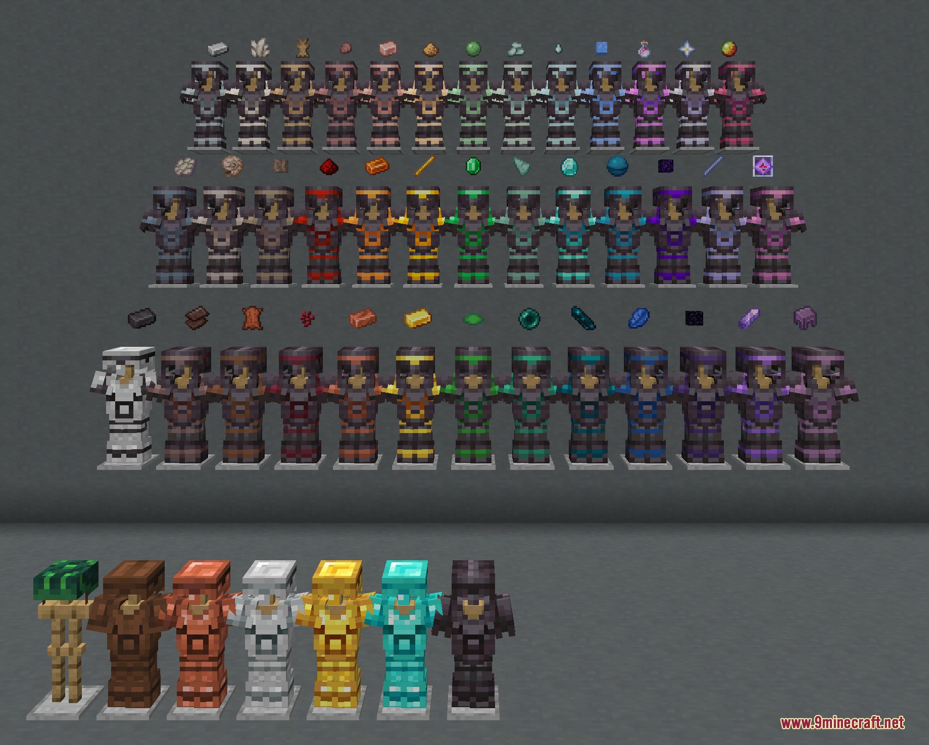 Trims Color Splash Mod Screenshot 1 Armor stands displaying various trim colors and the items used for crafting