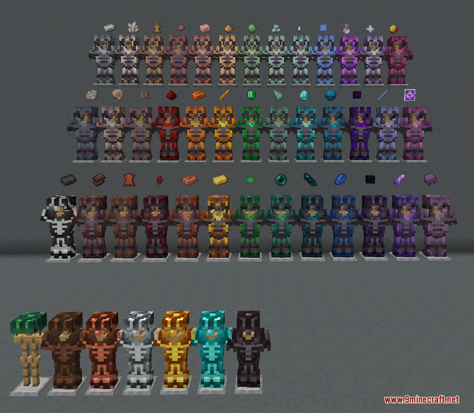 Trims Color Splash Mod Screenshot 2 A display of netherite armor sets with colorful trims and materials