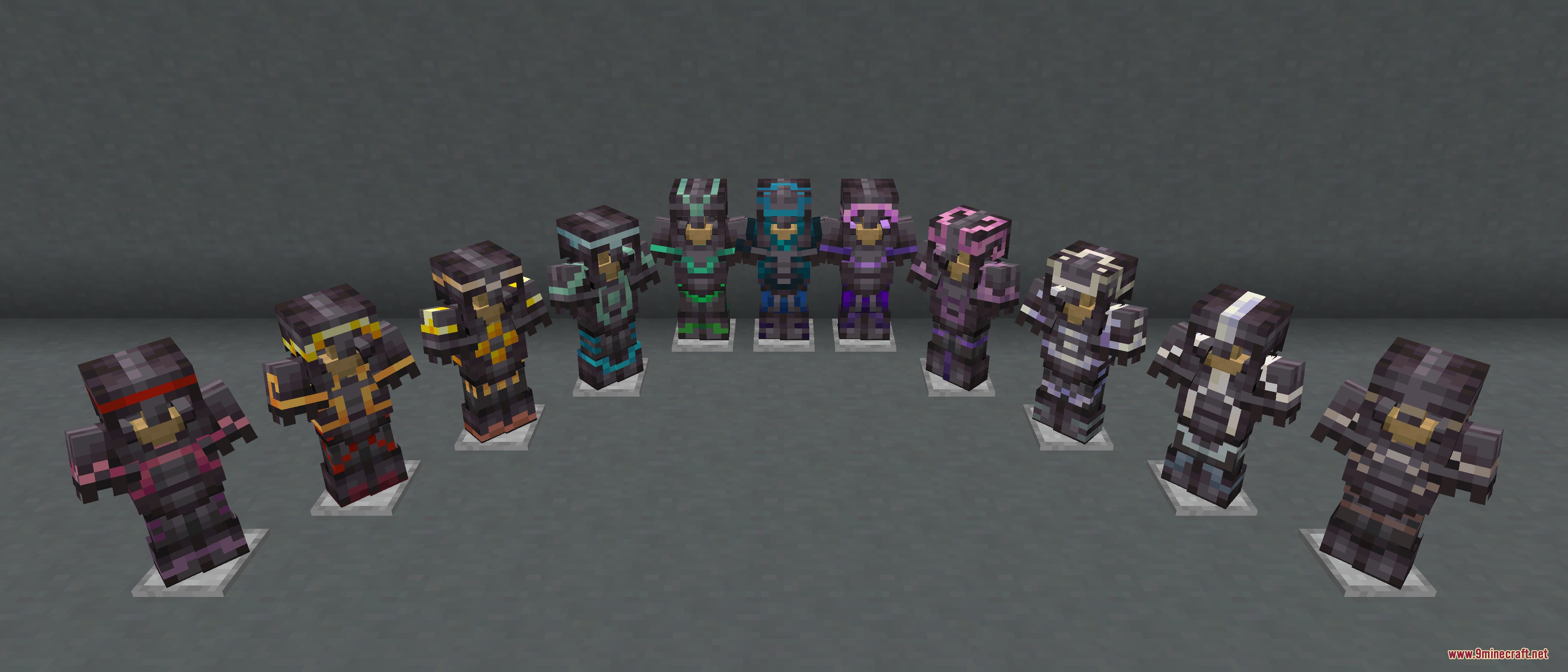 Trims Color Splash Mod Screenshot 3 A row of armor stands showing different colored trims on netherite gear