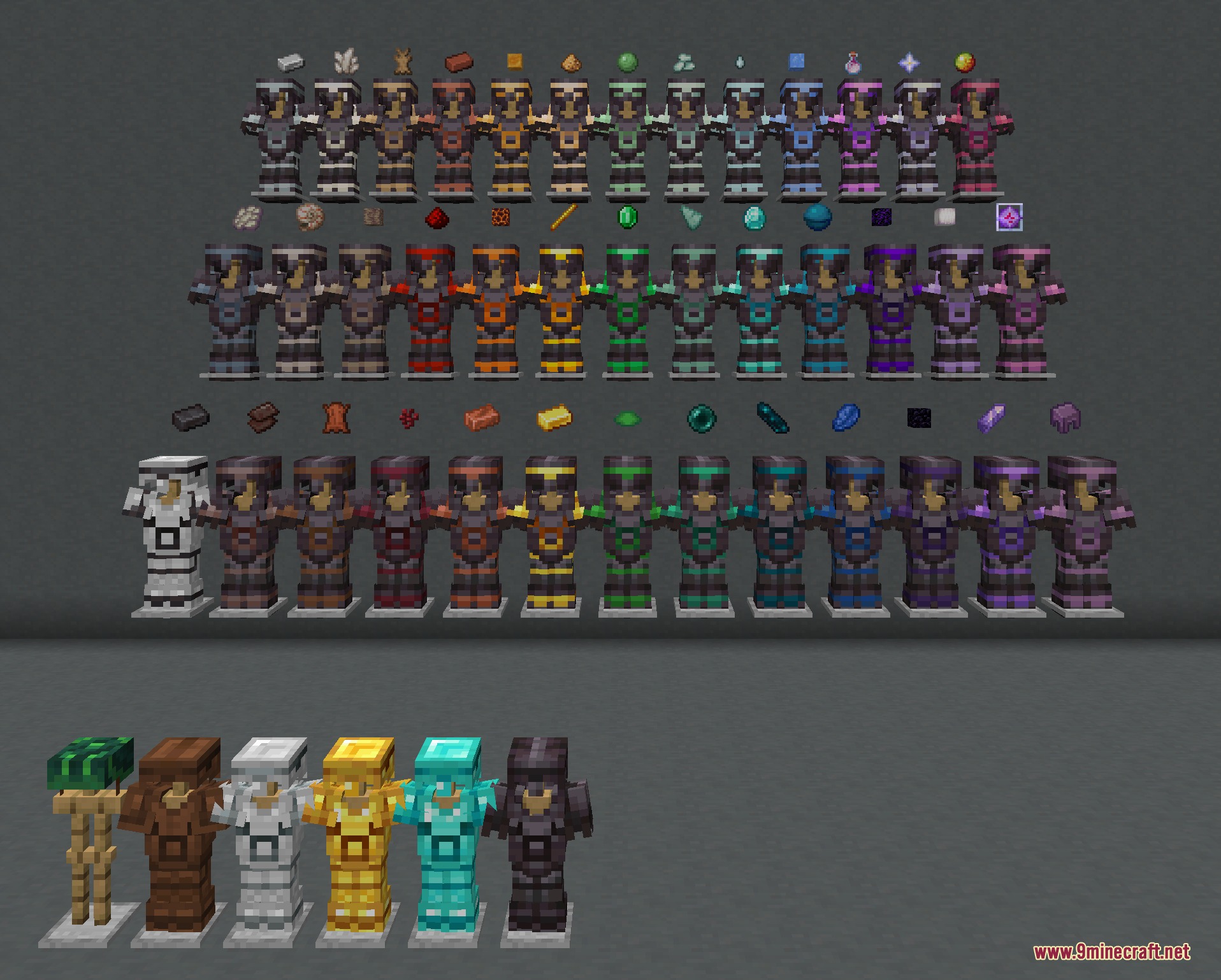 Trims Color Splash Mod Screenshot 5 Armor stands showcasing various trim colors from the Trims Color Splash Mod