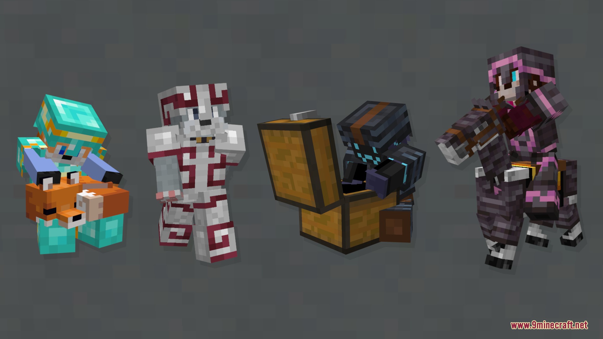 Trims Color Splash Mod Screenshot 6 Four Minecraft characters wearing customized armor sets with unique trim colors and styles