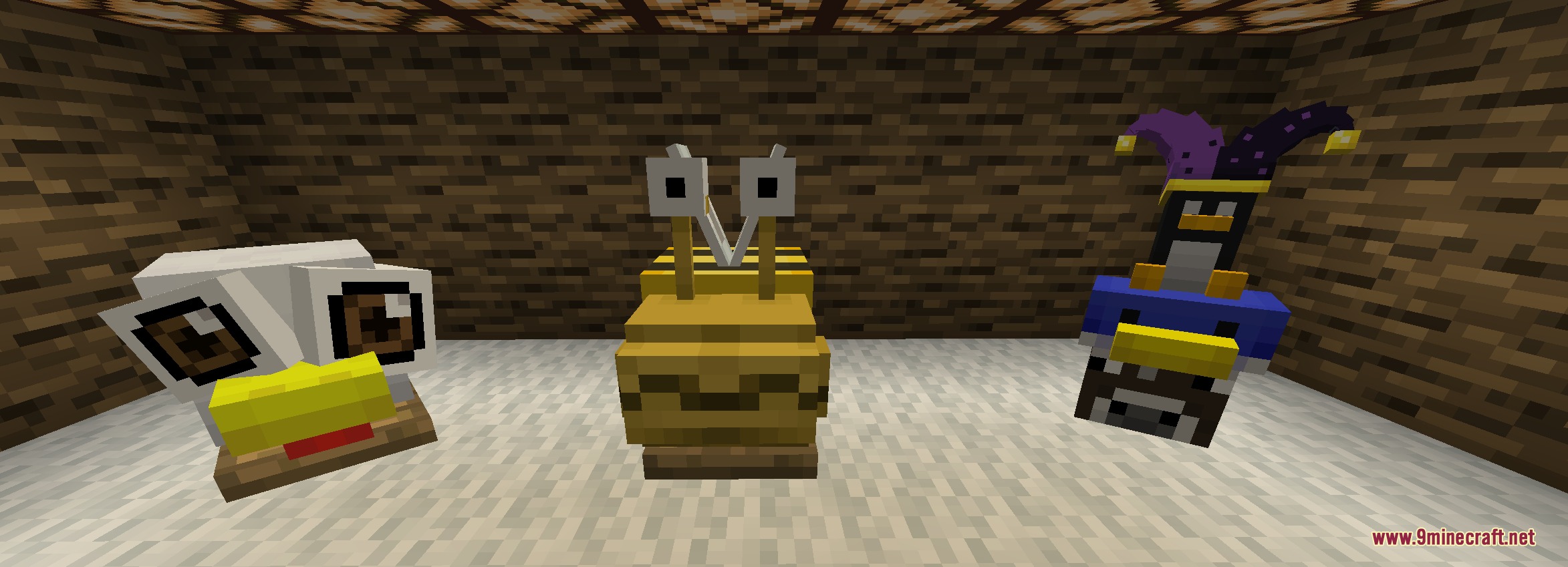 Triple Crown Tailor Mod displays various hats on custom Minecraft hat stands
