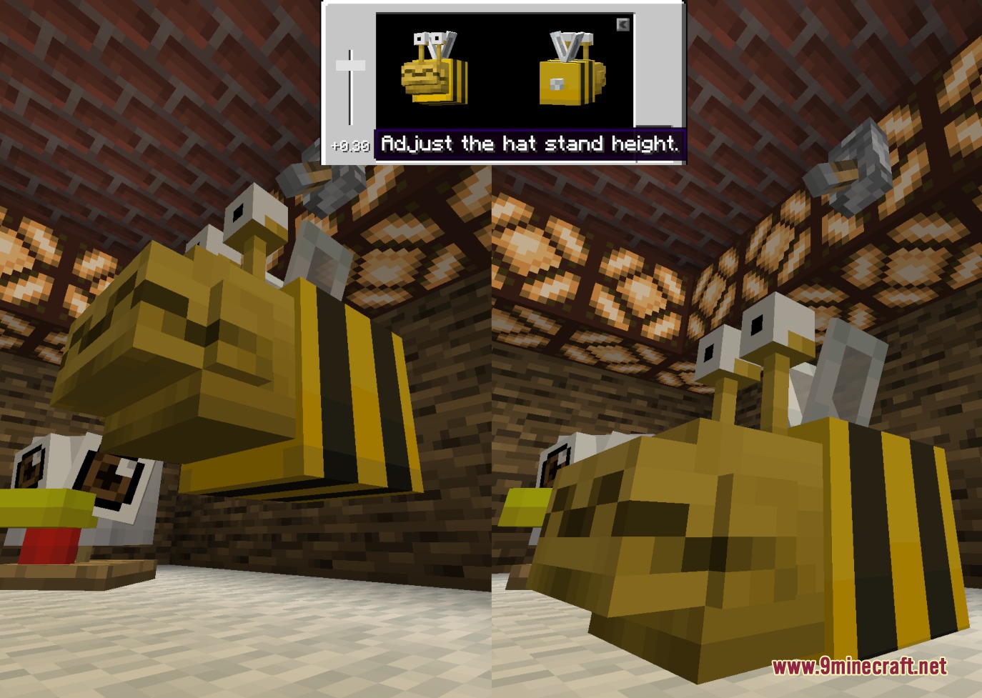 A Minecraft bee wearing a hat with a menu for adjusting stand height