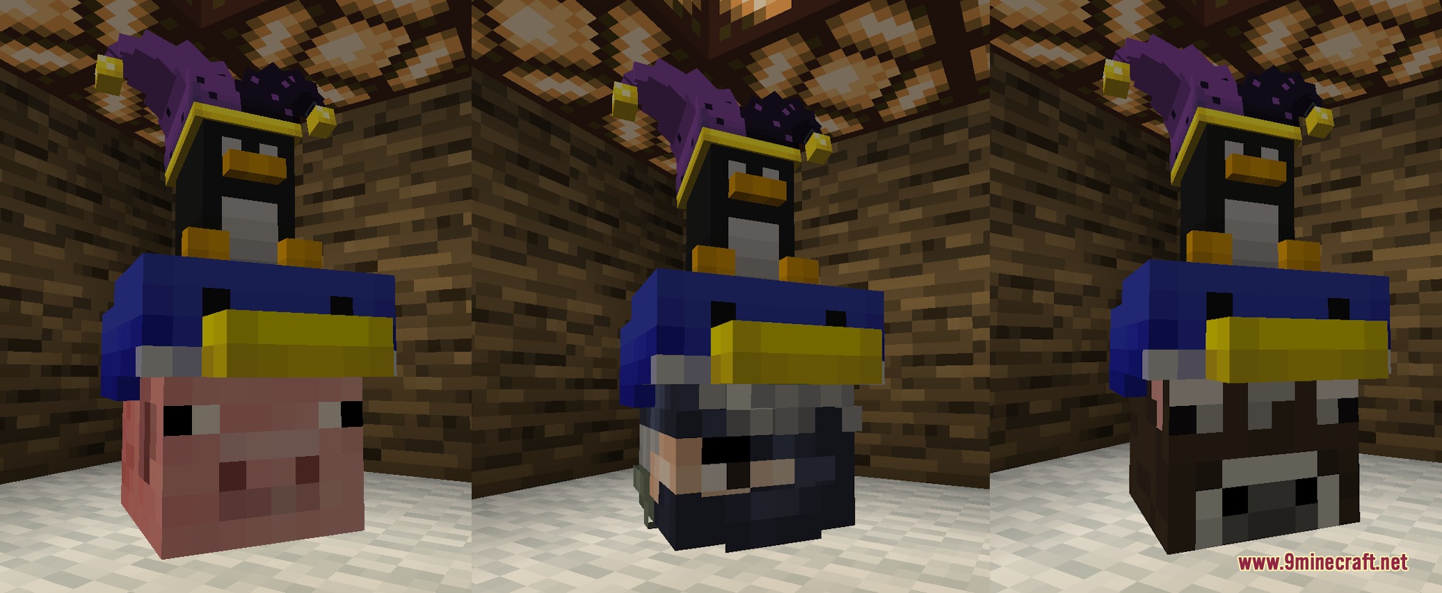 Minecraft characters wearing three stacked cosmetic hats including a penguin and jester