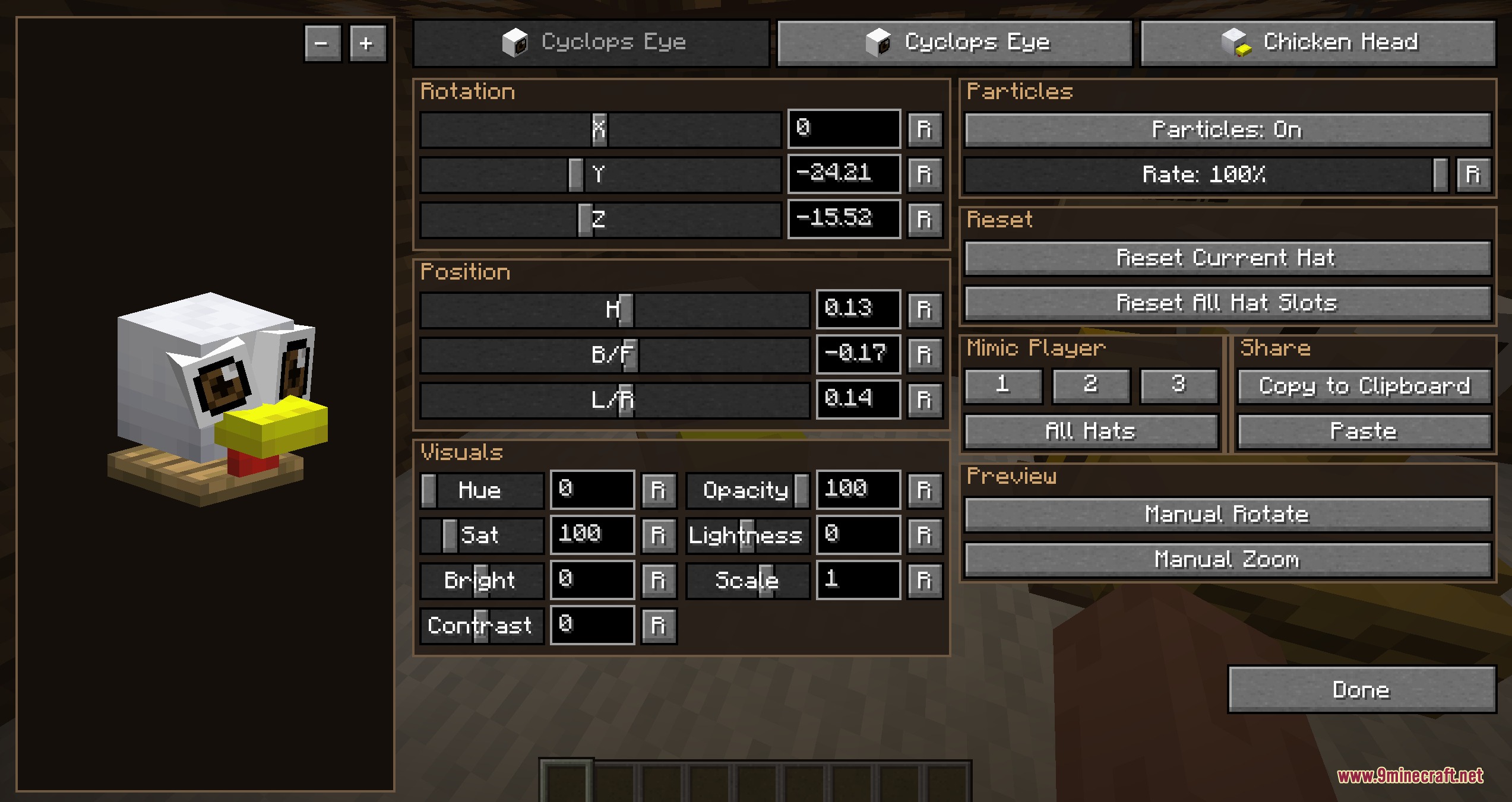 The hat customization menu with sliders for rotation position and visual effects