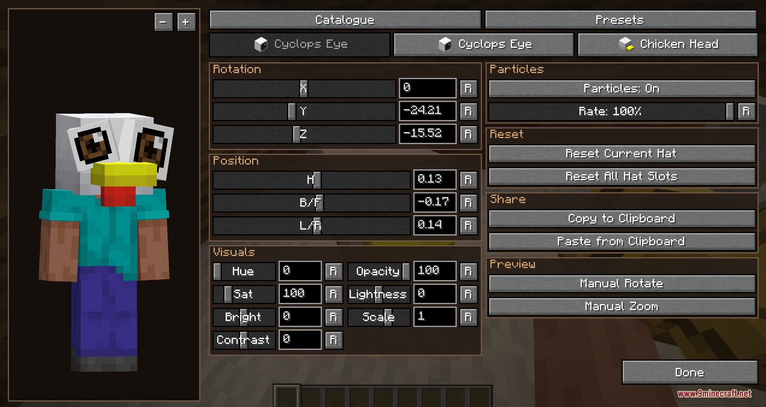 Triple Crown Tailor Mod menu for adjusting hat rotation and visual settings