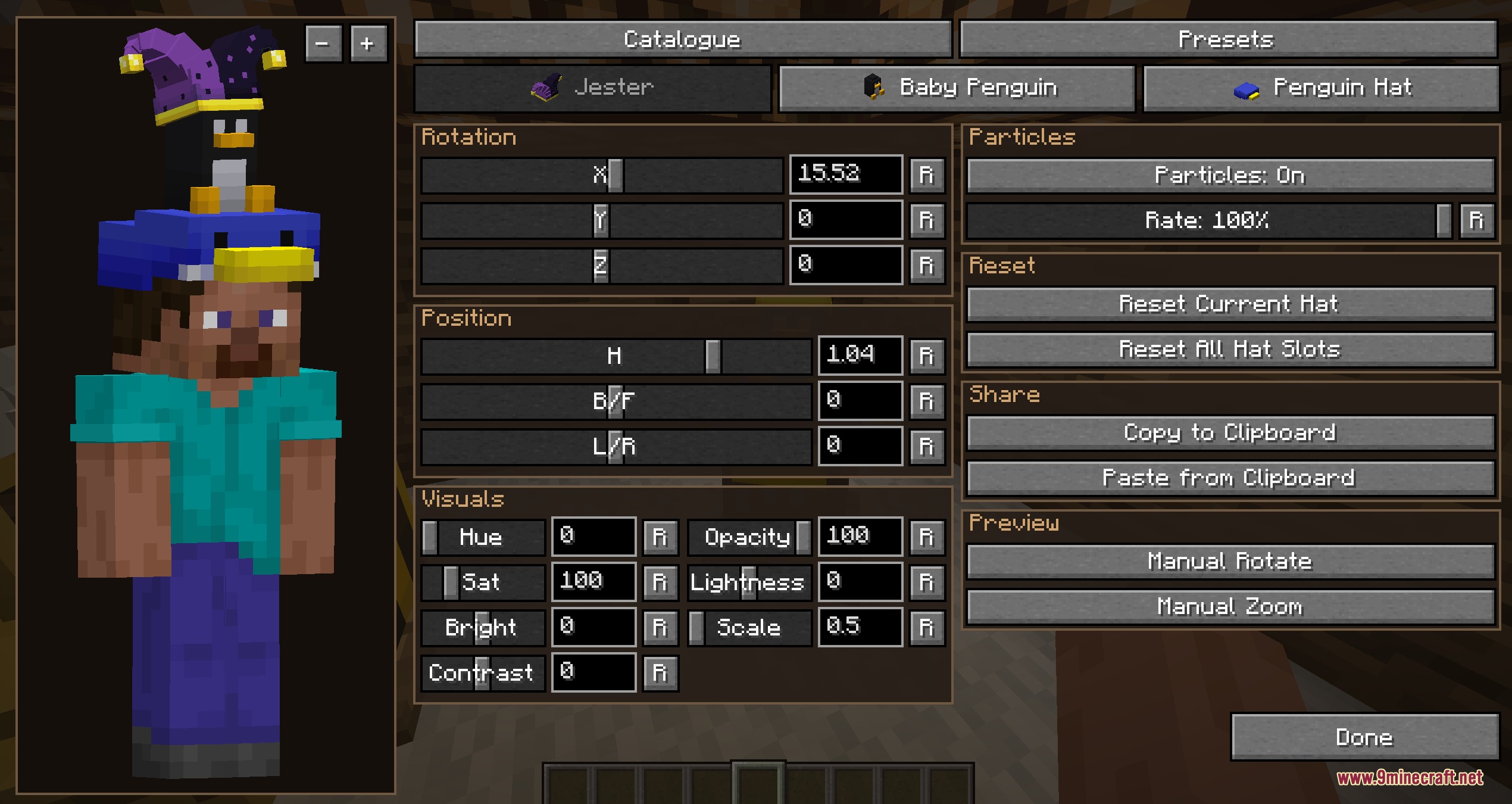 Player character wearing three stacked hats while using the detailed editing menu