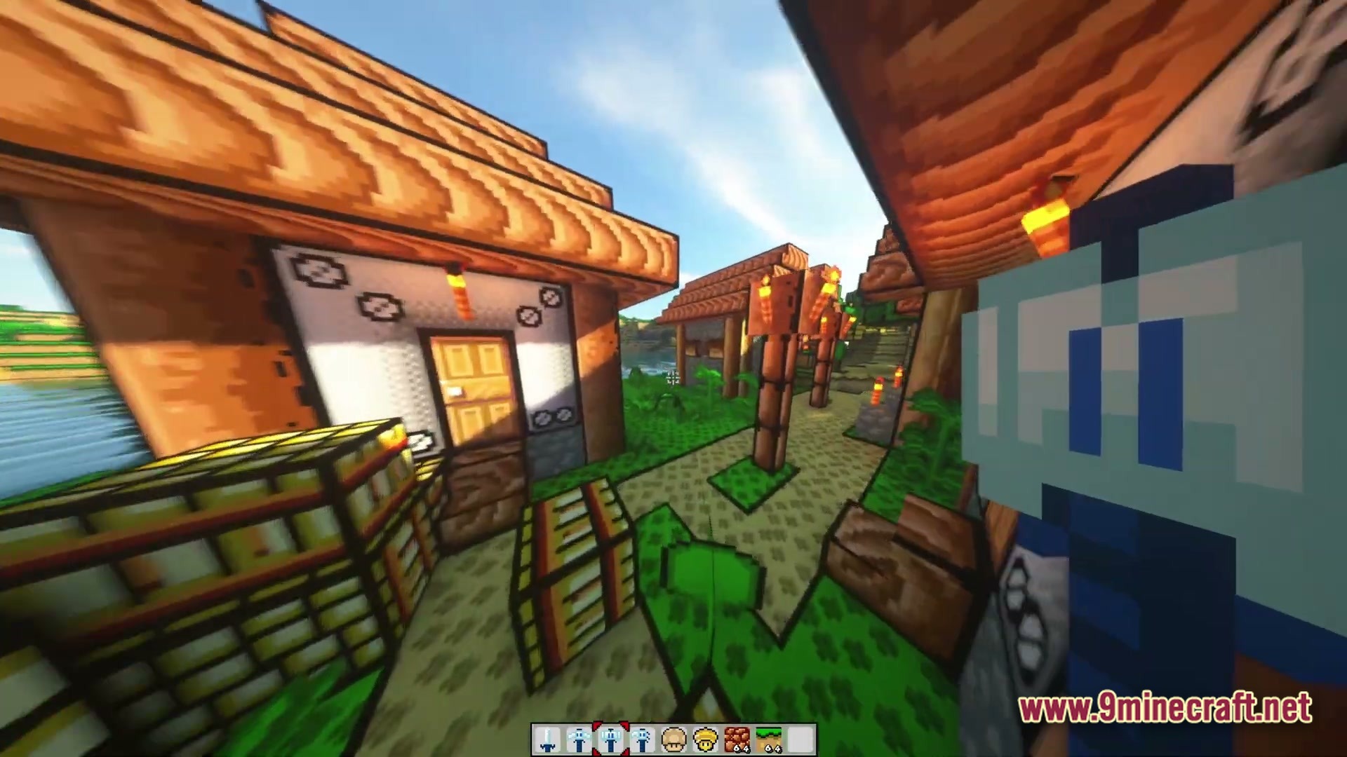 Triple Jump Portal Modpack Screenshot 1 A first-person view of a stylized village with wooden houses, torches, and a custom resource pack