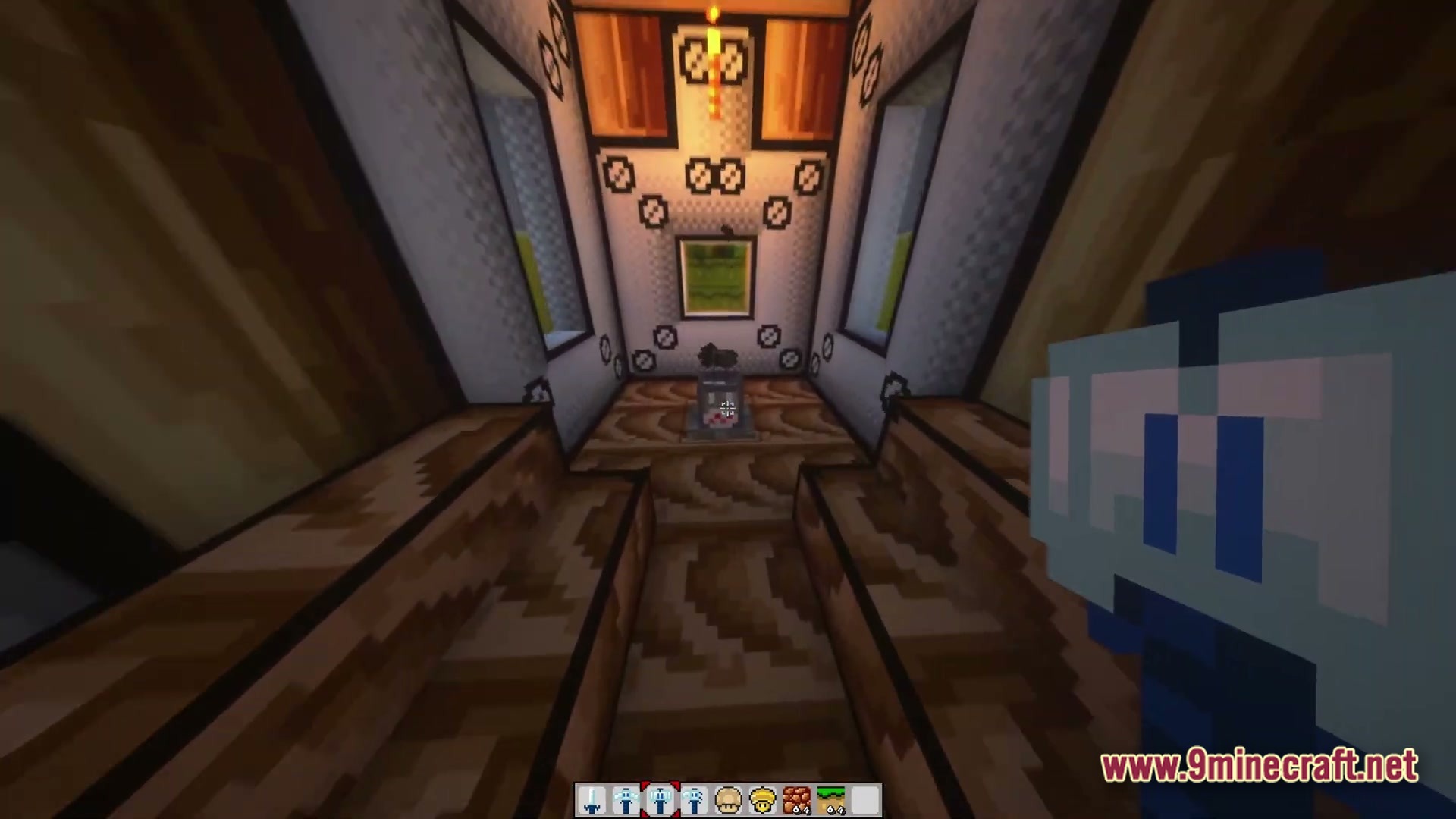 Triple Jump Portal Modpack Screenshot 2 A first-person view of a narrow wooden hallway leading to a small decorated room with windows