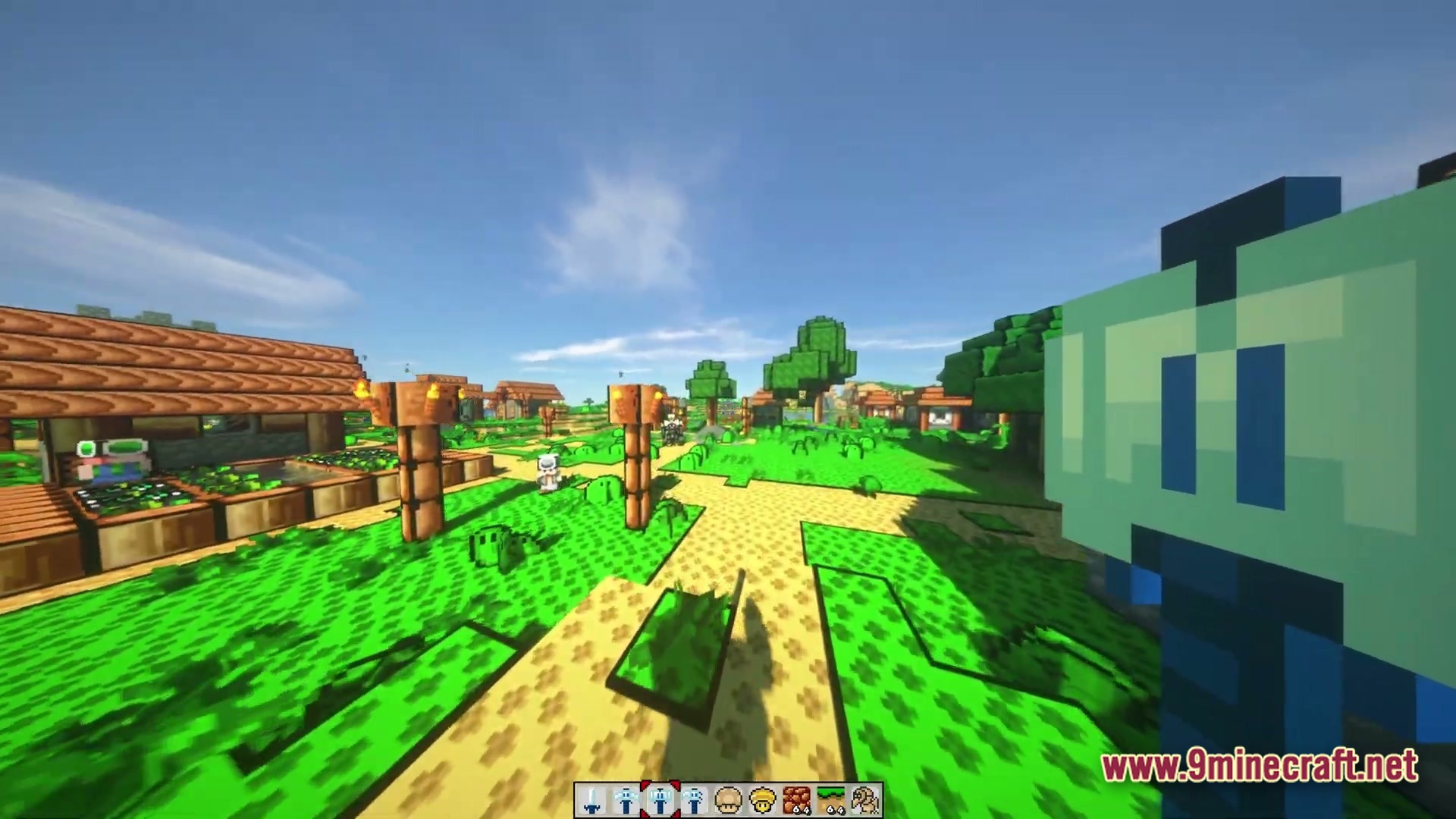 Triple Jump Portal Modpack Screenshot 3 A stylized Minecraft village with custom textures, wooden structures, and a bright green landscape