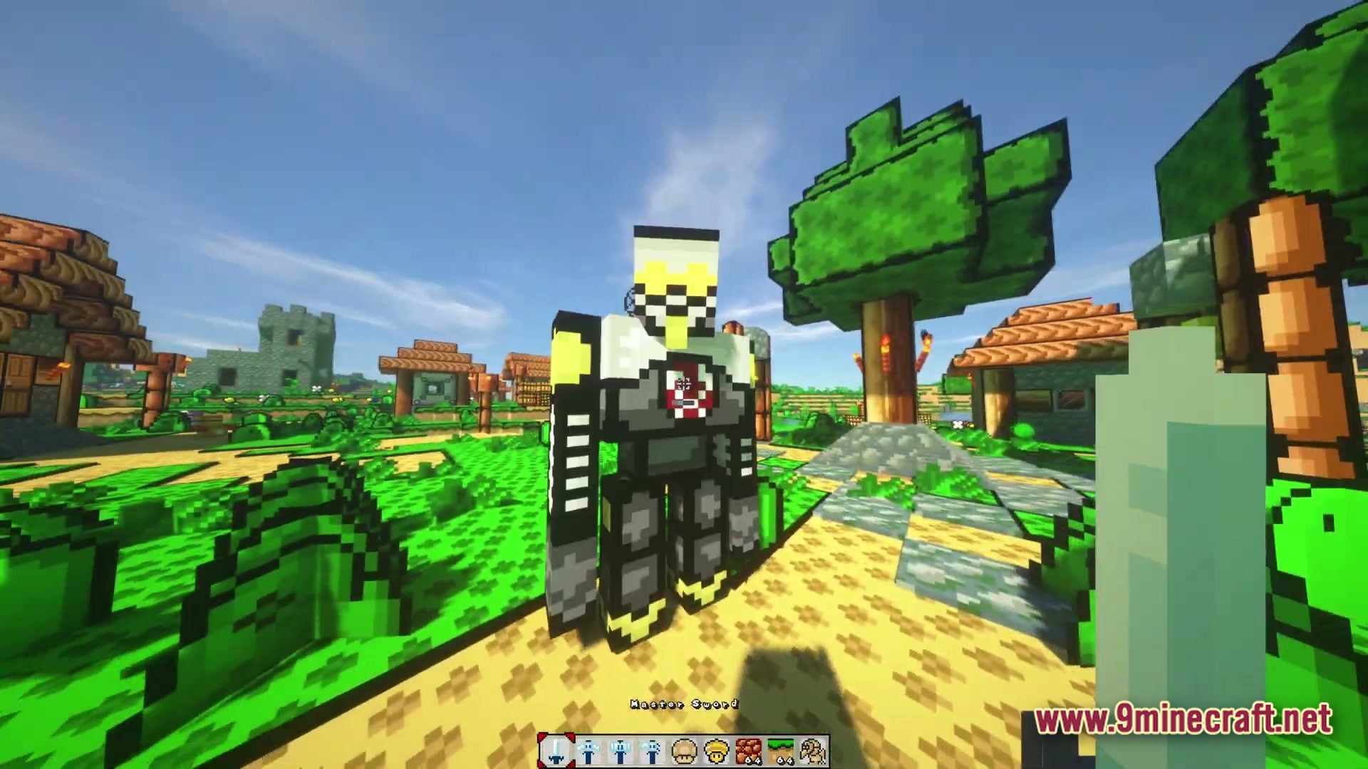 Triple Jump Portal Modpack Screenshot 4 A player character in custom armor stands in a cel-shaded village with stylized trees and structures