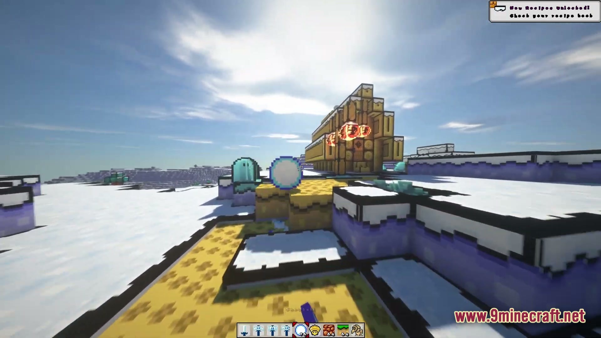 Triple Jump Portal Modpack Screenshot 5 A stylized snowy landscape featuring custom structures and mobs with a cel-shaded visual aesthetic