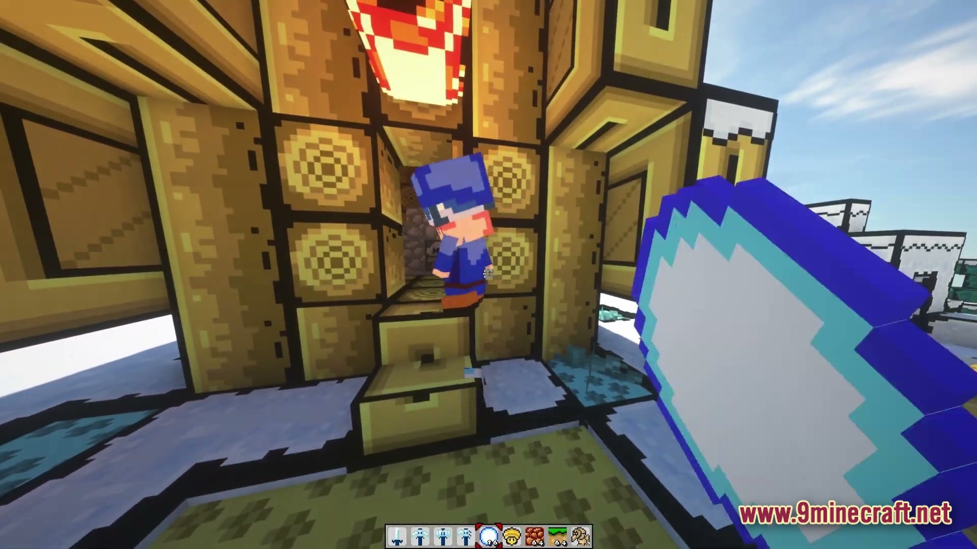 Triple Jump Portal Modpack Screenshot 6 A player character stands near a wooden structure while holding a blue circular item in first-person