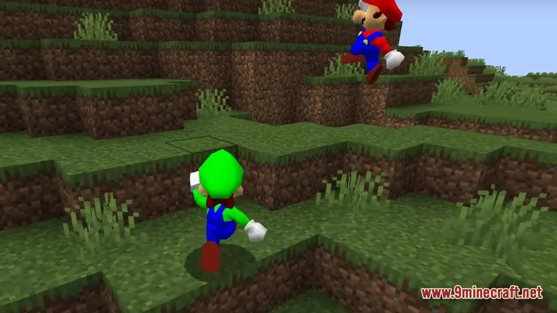 Triple Jump Portal Modpack Screenshot 7 Mario and Luigi character models jumping across a grassy hill in a Minecraft world