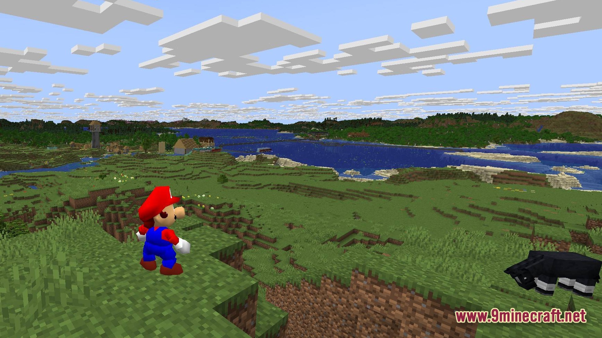 Triple Jump Portal Modpack Screenshot 8 Mario character model standing on a grassy hill overlooking a river and distant Minecraft structures