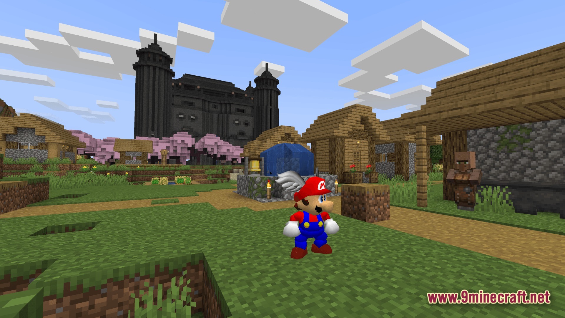 Triple Jump Portal Modpack Screenshot 9 A 3D Mario character model stands in a village with a large dark fortress in the background