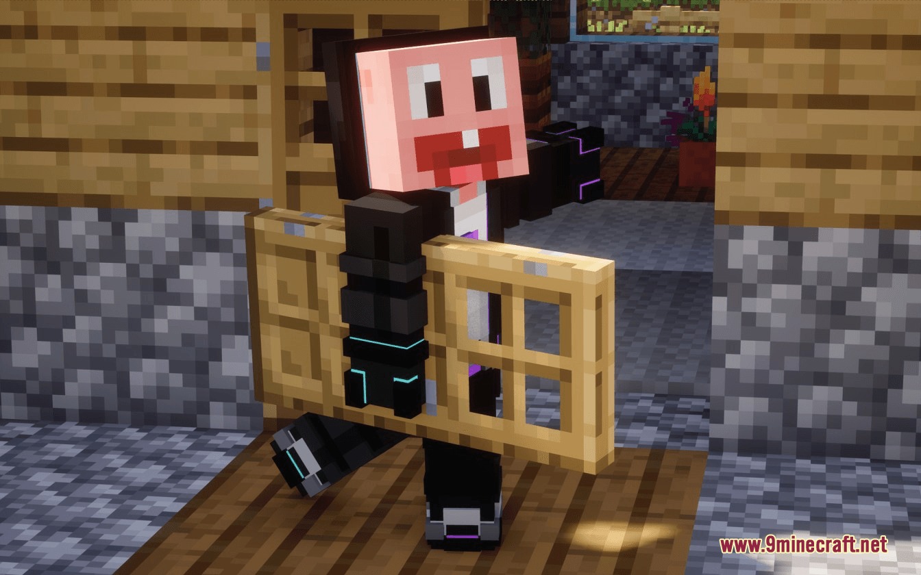 A Minecraft player character holding a realistic 3D oak door model