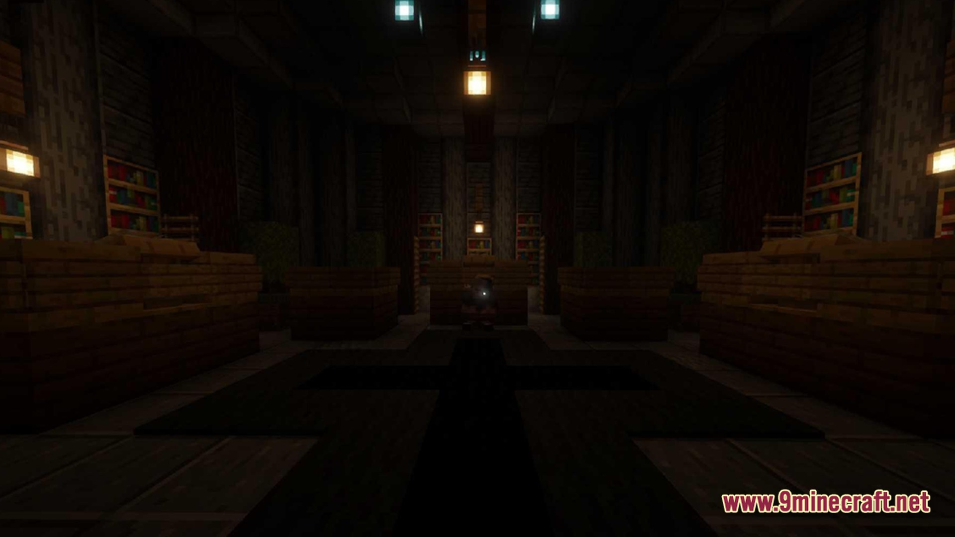 True Horror Modpack Screenshot 9 A dimly lit interior room featuring wooden structures, bookshelves, and a cross-shaped pattern on the floor