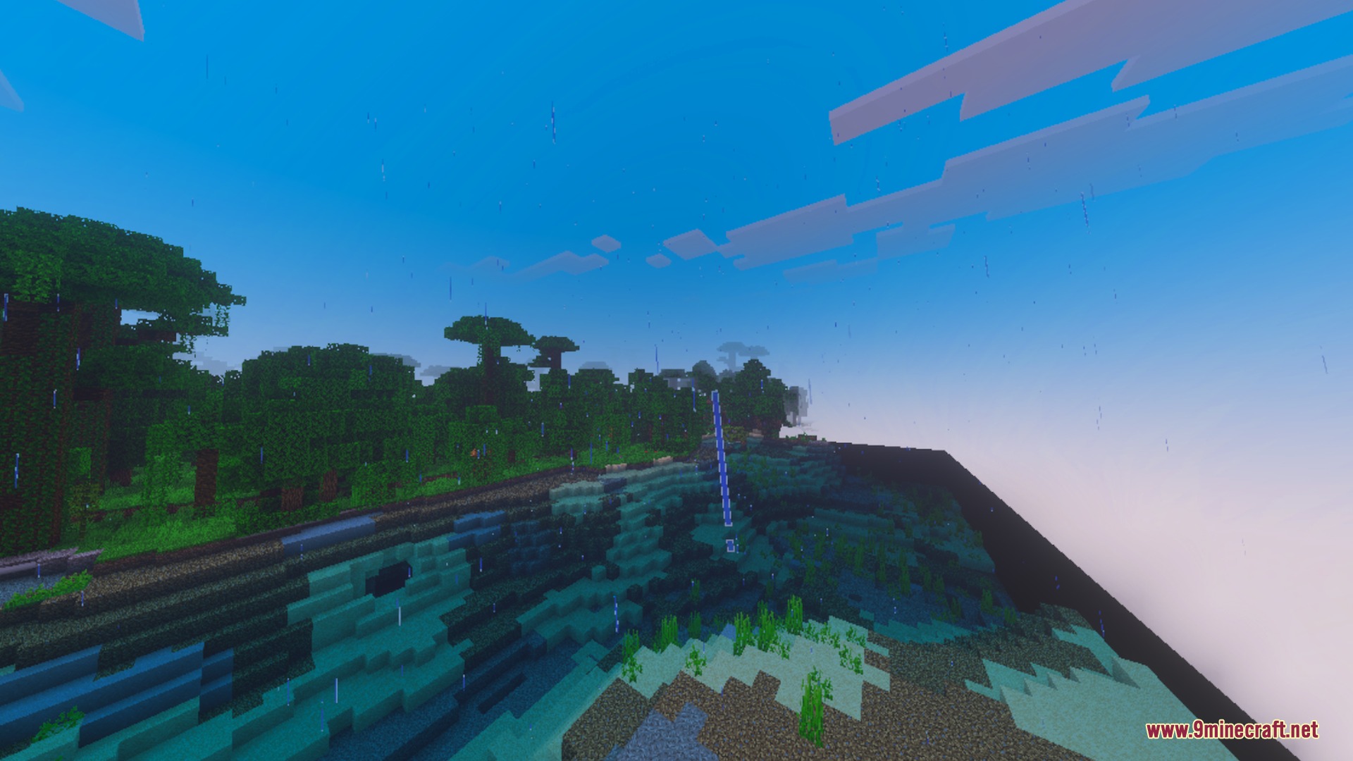 True Shades Realism Shader Screenshot 1 Rainy jungle biome showcasing realistic lighting and dynamic water reflections with soft fog