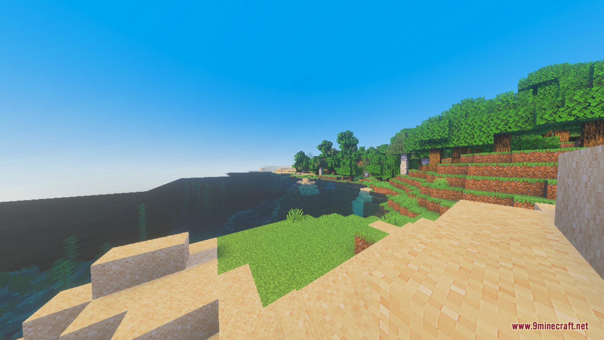 True Shades Realism Shader Screenshot 10 Daytime view of a Minecraft shoreline with sandy terrain and lush green trees
